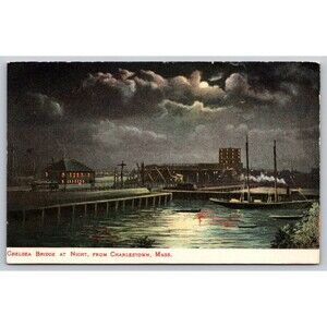 Postcard Massachusetts Charlestown Chelsea Bridge at Night Boat Dock Moonlight